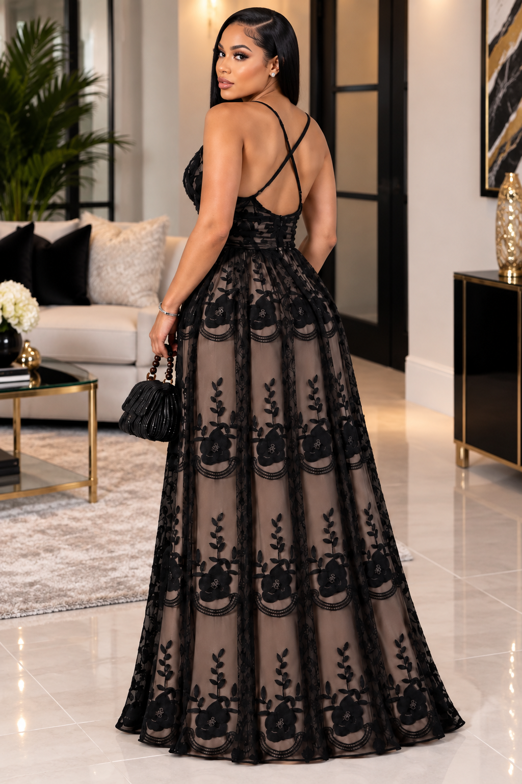 Llambi Elegant Black Lace Overlay Evening Gown