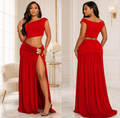 Pola Floral Brooch Off Shoulder Top And Maxi Skirt Set-Red
