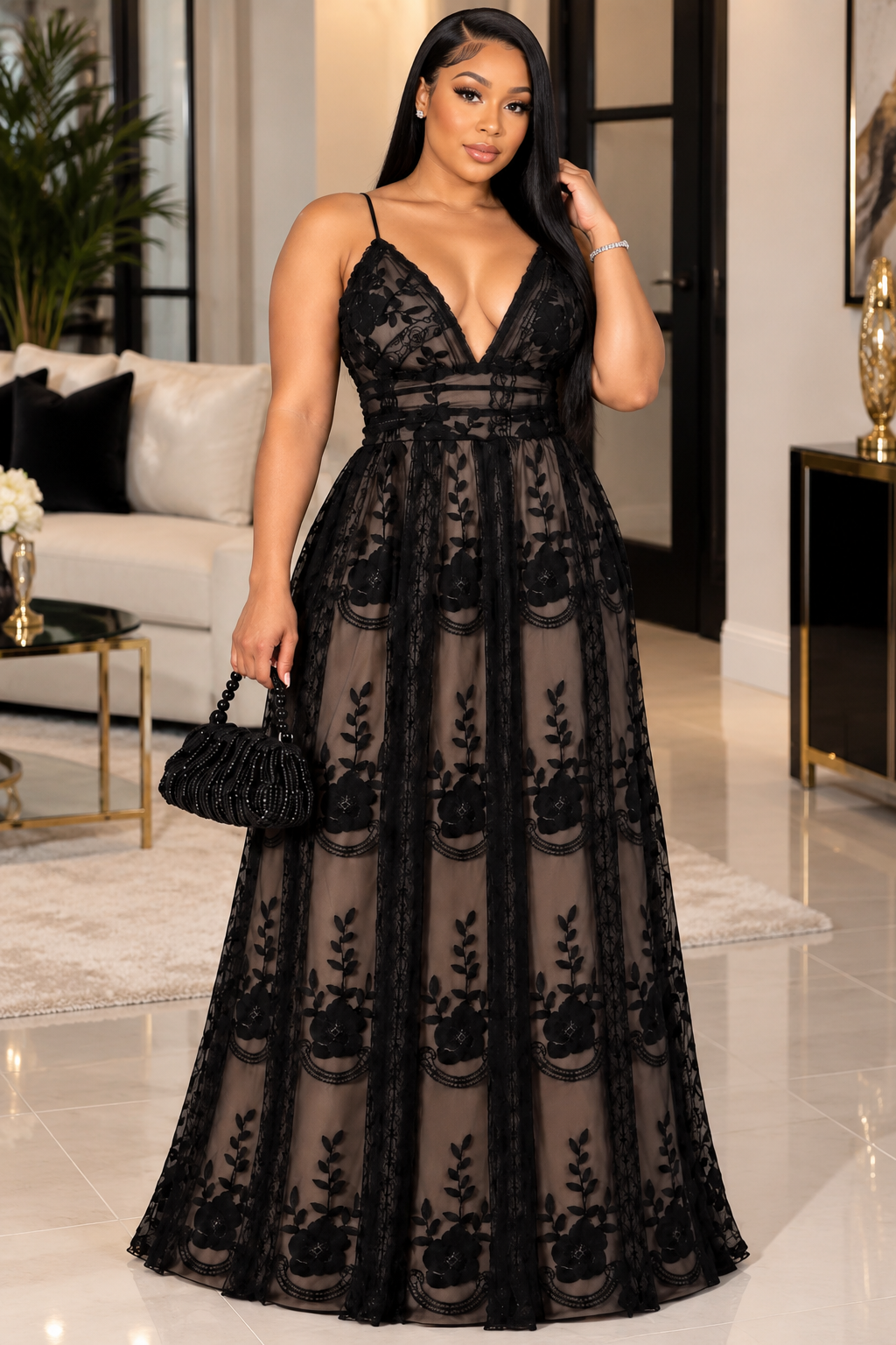 Llambi Elegant Black Lace Overlay Evening Gown